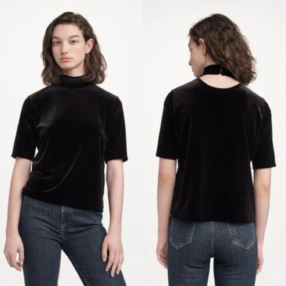 rag & bone Black Velvet Short-Sleeve Mock Neck Top with Back Cutout